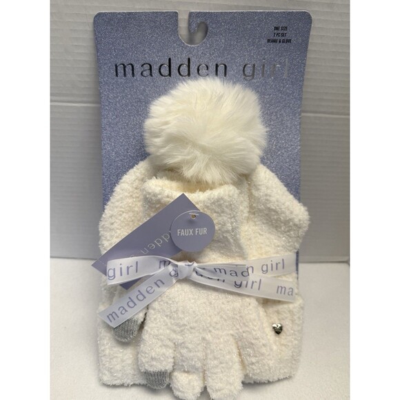 Madden Girl Set Of Beanie And Gloves Ivory Faux Fur with Shimmering Sparkles New - Picture 3 of 9